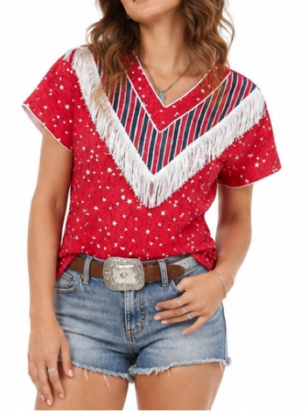 HANDMADE Western Fringe America Novelty Top USA Cowgirl July 4th Rodeo Country M